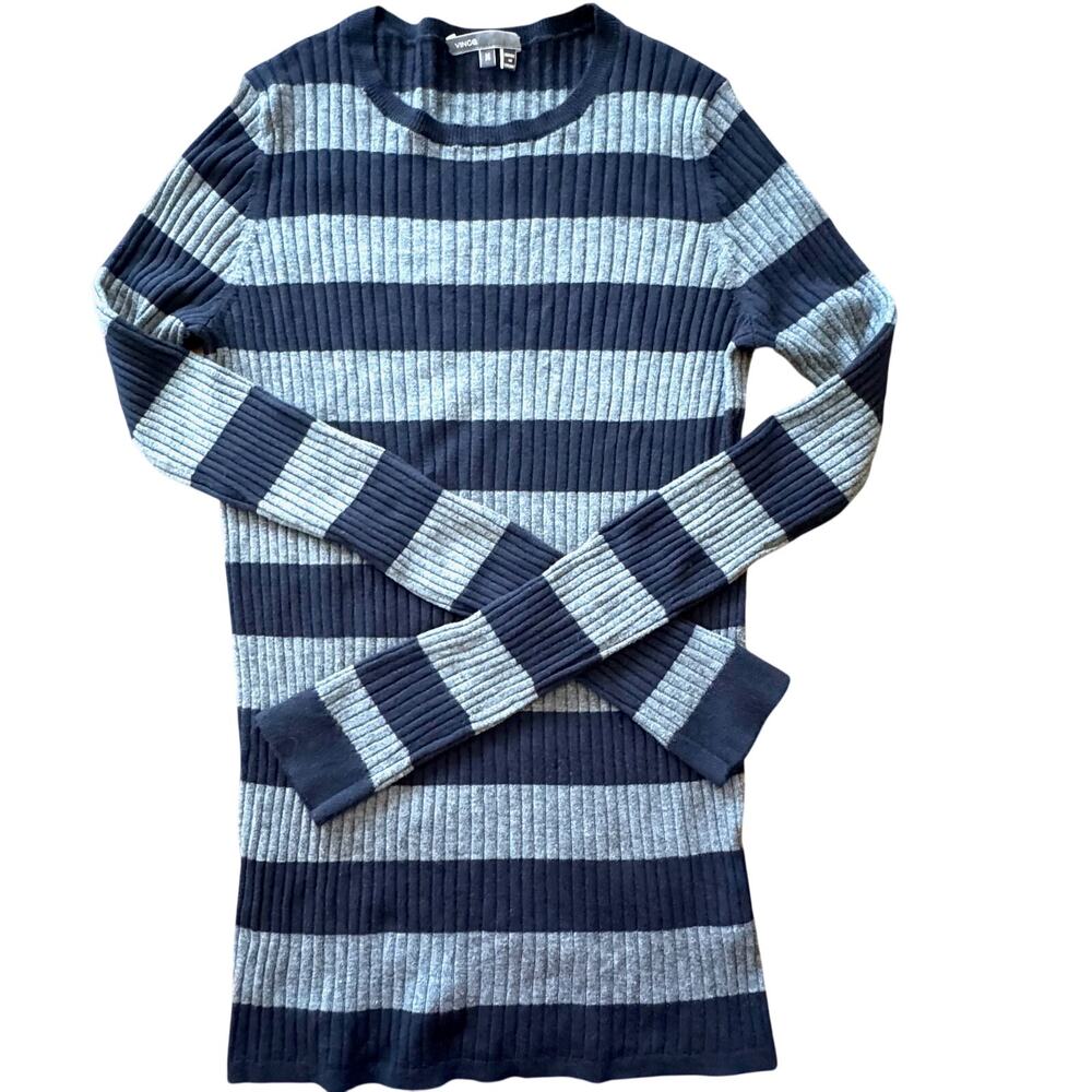 Vince Navy & Gray Striped 5% Cashmere Blend Ribbed Longline Sweater Size M